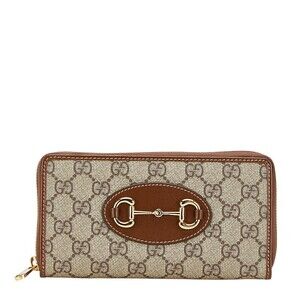 Gucci GG Supreme Horsebit Zip Around Long Wallet Beige Brown Leather